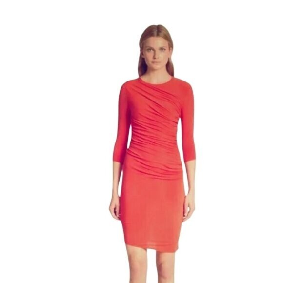 Helmut Lang | Asymmetric Nova Ruched Jersey Fitted Midi Dress Coral Red Size XS - Picture 1 of 10